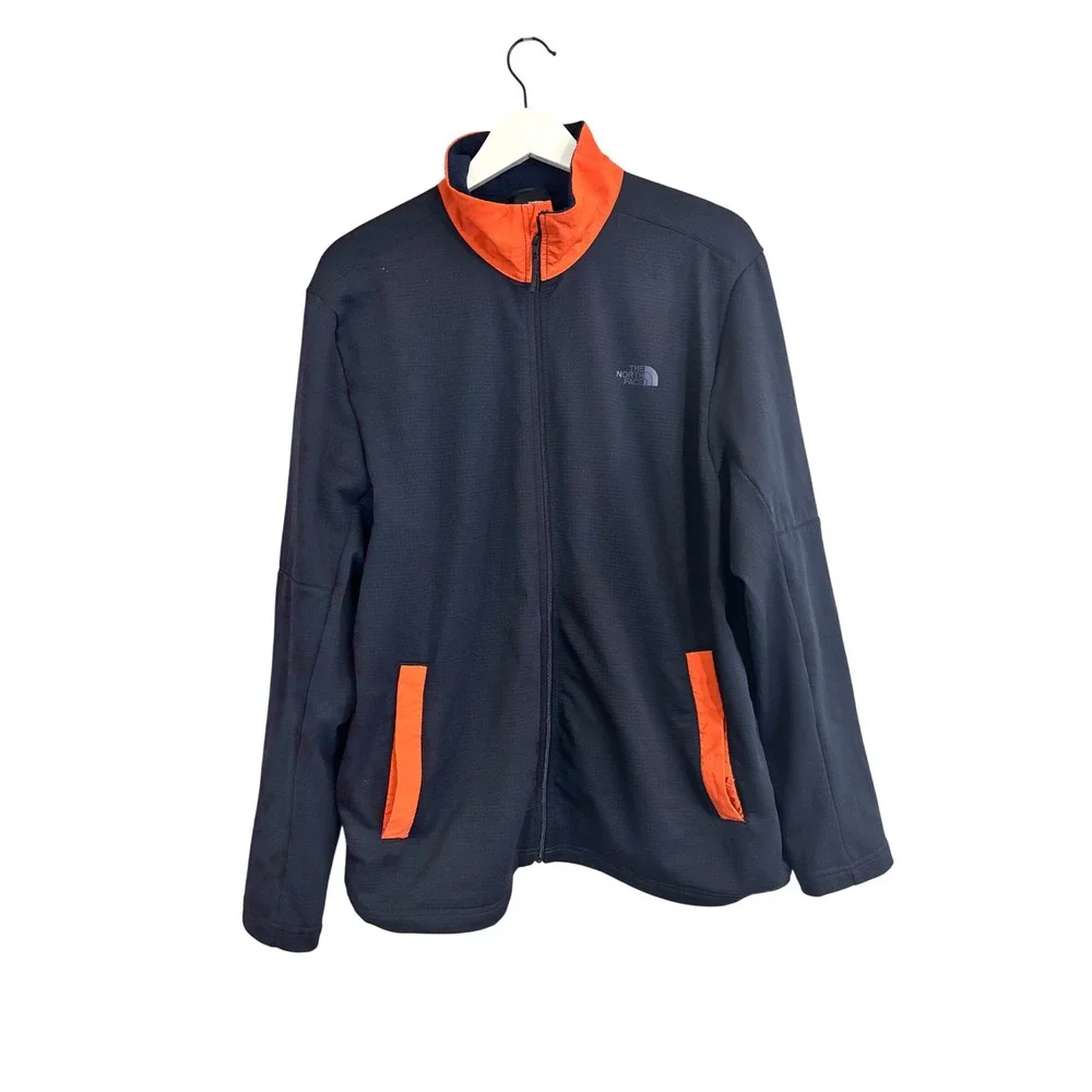 The North Face Mens Full Zip Fleece Jacket Orange Collar‎ Navy Blue L